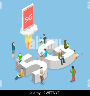 5 g Flache isometrische Vektor Konzept. Menschen mit mobilen Geräten sitzen und stehen auf und rund um die großen Buchstaben 5G. Stock Vektor