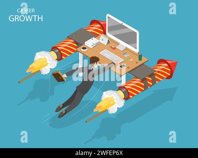 Karriere flache isometrische Vektor Konzept. Ein Mann ist schnell geflogen Holding auf seinem Schreibtisch mit Feuerwerk Raketen. Stock Vektor
