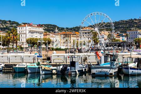 Cannes, Frankreich - 31. Juli 2022: Das Hafenpanorama im Stadtzentrum von Cannes mit historischer Altstadt, Stadtteil Ville und Yachthafen an der Mittelmeerküste Stockfoto