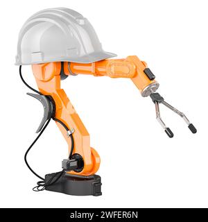 Roboterarm mit weißem Schutzhelm, 3D-Rendering isoliert auf weißem Hintergrund Stockfoto