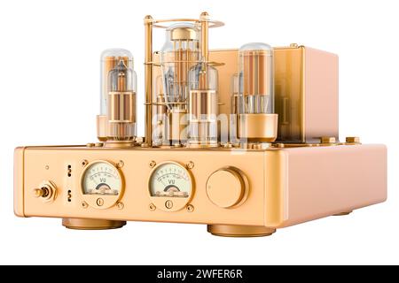 Leistungsverstärker mit goldener Vakuumröhre, 3D-Rendering isoliert auf weißem Hintergrund Stockfoto