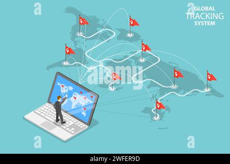 Isometrisches Flachvektorkonzept für globales Tracking-System, Frachtzustellung, Logistiknetzwerk, weltweiten Frachtversand. Stock Vektor