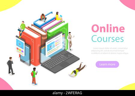 Flaches isometrisches Vektorkonzept für Online-Kurse, Schulungen, E-Learning, Webinar, Schulungen Stock Vektor