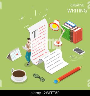 Flaches isometrisches Vektorkonzept für kreatives Schreiben, Texten und Erstellen von Inhalten. Stock Vektor