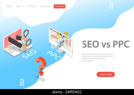 Isometrische flache Vektor-Landing-Page-Vorlage für SEO vs. PPC, Pay-per-Click, Suchmaschinenoptimierung, digitale Marketingstrategien. Stock Vektor