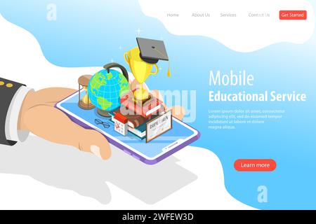 Flache isometrische Landing-Page-Vorlage für mobile Schulungen, E-Learning, Webinar, Online-Schulungen. Stock Vektor