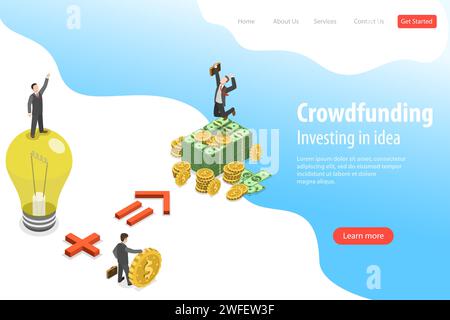 Isometrische Landing-Page-Vorlage mit flachen Vektoren für Crowdfunding, Investitionen in Ideen, finanzielle Investitionen, Marketingmöglichkeiten. Stock Vektor