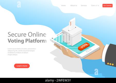 Flache isometrische Vektor-Landing-Page-Vorlage für Online-Abstimmung, E-Voting, Internet-System für Wahlen. Stock Vektor