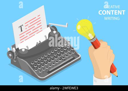 Flaches isometrisches Vektorkonzept für kreatives Schreiben, Texten und Erstellen von Inhalten. Stock Vektor