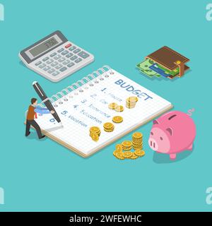 Familie Haushalt Flachbild isometrische Vektor Konzept. Der Mensch ist die Planung der Familie Haushalt und schreiben Sie es in den Editor. Es ist eine gewisse Menge an Geld in der Nähe von Stock Vektor