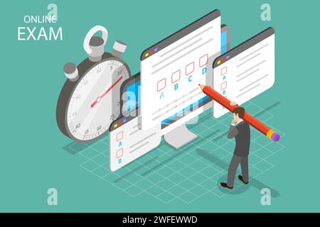 Isometrisches Flachvektorkonzept für Online-Prüfung, Fragebogenformular, Online-Schulung, Umfrage, Internet-Quiz. Stock Vektor