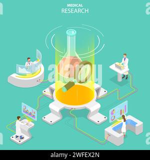 Isometrisches Flachvektorkonzept der medizinischen Forschung, Wissenschaftstechnik, Medizin und Chemieingenieurwesen. Stock Vektor