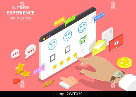 Isometrisches flaches Vektorkonzept für Optimierung der Kundenerfahrung, crm, Beziehungsmanagement, Kundenbewertung, Benutzerzufriedenheit. Stock Vektor