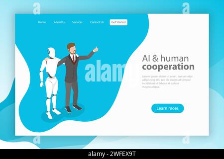 Flache isometrische Vektor-Landing-Pate-Vorlage für KI und menschliche Zusammenarbeit, künstliche Intelligenz, Geschäftsautomatisierung. Stock Vektor