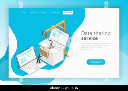 Vorlage für die Landingpage für isometrische flache Vektoren. Datenfreigabedienst, soziales Netzwerk, Informationsaustausch, Dateiübertragung. Stock Vektor