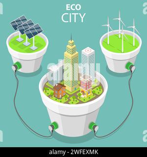 Flaches isometrisches Vektorkonzept von Öko-Stadt, Solarpaneelen, Windmühlen, alternativer grüner Energie, Windturbinen. Stock Vektor