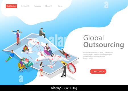 Isometrische Landing-Page-Vorlage mit flachem Vektor für globales Outsourcing, Fernverwaltung des Unternehmens, verteiltes Team, freiberufliche Tätigkeit. Stock Vektor