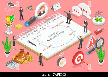 Isometrisches Flachvektorkonzept für Projektmanagement, Business Multitasking, Erreichen von Projektzielen, Unternehmensmanagement. Stock Vektor