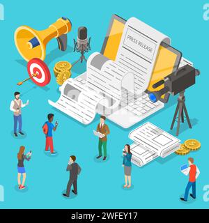 Isometrisches Flachvektorkonzept der Internet-Pressemitteilung, nachrichtenartikelservice, digitale Marketingkampagne. Stock Vektor