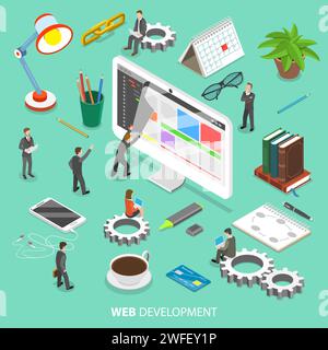 Web Entwicklung Flachbild isometrische Vektor Konzept. Die Menschen sind, die die Webseite, das aussieht wie Papier zu sehen und seiner Programmierung Code ändern. Stock Vektor