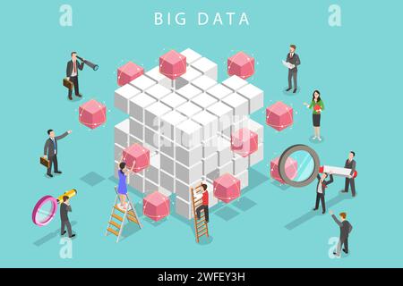 Flaches isometrisches Vektorkonzept für Big-Data-Analyse, Datenbankrecherche, erweiterte Analysen. Stock Vektor