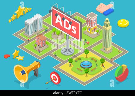 Isometrisches flaches Vektorkonzept für Außenwerbung, Werbetafeln und Banner für Stadtwerbung, Outbound-Marketingkampagne. Stock Vektor