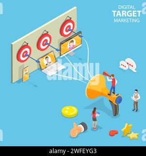 Isometrisches Flachvektorkonzept für digitales Zielmarketing, gezielte Werbung, Markenförderungskampagne. Stock Vektor