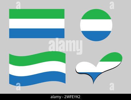 Flagge von Sierra Leone. Sierra Leone Flagge in Herzform. Sierra Leone Flagge in Kreisform. Varianten der Landesflagge Stock Vektor