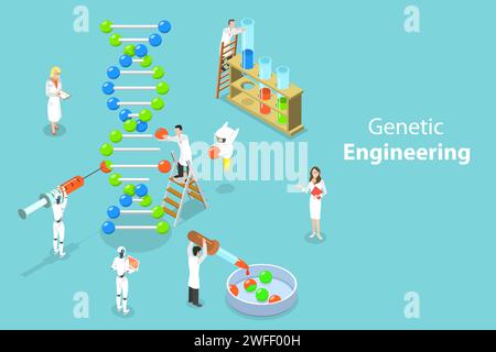 Isometrisches Flachvektorkonzept der Gentechnik, DNA-Strukturänderung, Medizin, Biologie und Molekularforschung. Stock Vektor