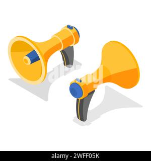 Isometrisches Flachvektorkonzept eines gelben Lautsprechers isoliert auf weißem Hintergrund. Stock Vektor