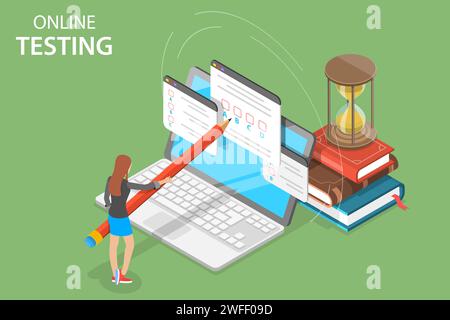 Isometrisches Flachvektorkonzept von Online-Tests, Fragebogenformular, Online-Schulung, Umfrage, Internet-Prüfung. Stock Vektor
