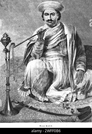 Porträt von Nana Saheb Peshwa II. (1824–1859), geboren als Dhondu Pant, eine indische Peshwa des Maratha-Reiches, Aristokrat und Kämpfer, die die Rebellion in Cawnpore (Kanpur) während der Rebellion gegen die Ostindien-Kompanie 1857 führte. Veröffentlicht um 1880 Stockfoto