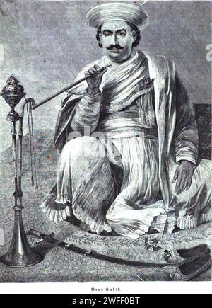 Porträt von Nana Saheb Peshwa II. (1824–1859), geboren als Dhondu Pant, eine indische Peshwa des Maratha-Reiches, Aristokrat und Kämpfer, die die Rebellion in Cawnpore (Kanpur) während der Rebellion gegen die Ostindien-Kompanie 1857 führte. Veröffentlicht um 1880 Stockfoto