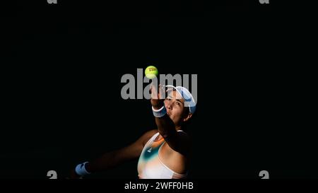 Veronika Kudermetova (RUS) gegen Garbine Muguruza (ESP) während ihres Singles Round 2 Matches im Rahmen der Dubai Duty Free Tennis Championships WTA 500 am 16. Februar 2022 in Dubai, Vereinigte Arabische Emirate. Foto von Victor Fraile / Power Sport Images Stockfoto