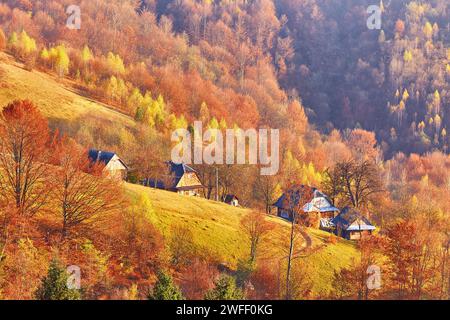 Bergdorf, herbstliche ländliche Szene. Gelbe und orangene Bäume. Sonniger Herbstabend. Wunderschöne Landschaft bei Sonnenuntergang. Hänge, Wiesen, Felder, Dorf, Stockfoto