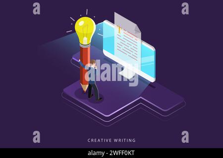 Flaches isometrisches Vektorkonzept für kreatives Schreiben, Texten und Erstellen von Inhalten. Stock Vektor