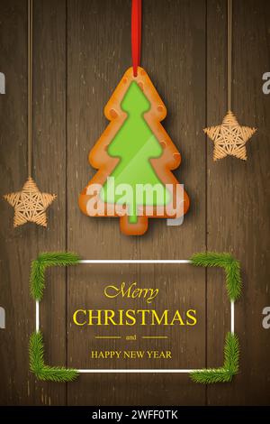 Weihnachts-Lebkuchen auf dunklem hölzernem Hintergrund mit Wünschen, Kiefernzweigen, hölzernen Sternen. Für Grußkarten, Poster und Banner. Vektorabbildung. Stock Vektor