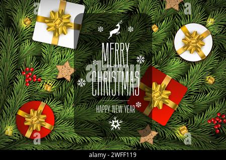 Weihnachtsvektorkomposition auf dem Hintergrund von Tannenzweigen. Für Grußkarten, Poster und Banner. Geschenke, Kiefer, Geschenke, Beeren, Wünsche. Vektor-Illustrat Stock Vektor
