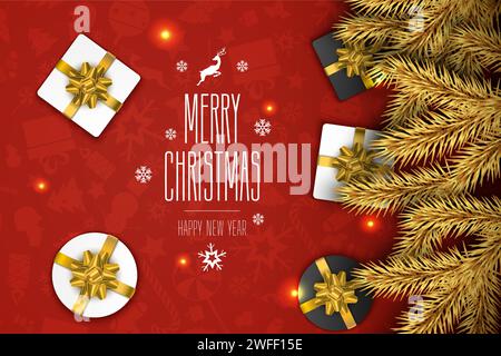 Weihnachtskomposition auf rotem Hintergrund. Für Grußkarten, Poster und Banner. Goldkiefernzweige, Geschenke, Wünsche. Vektorabbildung. Stock Vektor
