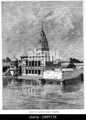 Gravur des Samadhi von Ranjit Singh, einem Gebäude aus dem 19. Jahrhundert in Lahore, Pakistan, das die Graburnen des Sikh Maharaja Ranjit Singh (1780–1839) beherbergt. Sie befindet sich neben dem Fort Lahore und der Badshahi-Moschee sowie der Gurdwara Dera Sahib, die um 1900 veröffentlicht wurde Stockfoto