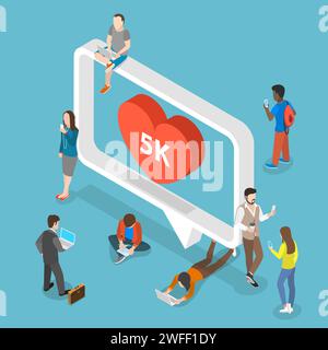 Flaches isometrisches Vektorkonzept in sozialen Medien. Menschen rund um die große Sprachblase nutzen ihre mobilen Geräte. Stock Vektor