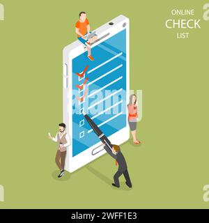 Online-Checkliste flaches isometrisches Vektorkonzept. Ein Mann mit einem Stift setzt ein Häkchen auf dem Bildschirm des Mobiltelefons. Stock Vektor