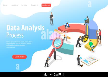 Flache isometrische Landing-Page-Vorlage für Unternehmensstatistiken und -Analysen, Auditberichte und Unternehmensleistungsanalysen. Stock Vektor
