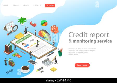 Flache isometrische Landing-Page-Vorlage für persönliche Bonitätsbewertung, Finanzbewertung. Stock Vektor