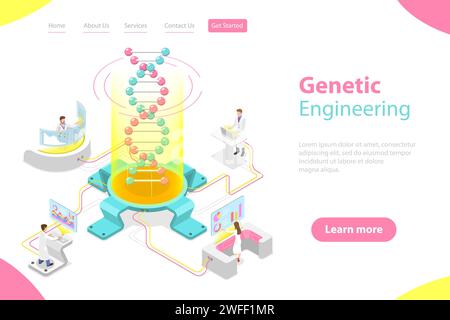 Isometrisches Flachvektorkonzept der Gentechnik, DNA-Strukturänderung, Medizin, Biologie und Molekularforschung. Stock Vektor