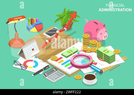 Isometrisches Vektorkonzept der Finanzverwaltung. Audit Services, Steuerprüfungsbericht, Planung und Buchhaltung. Stock Vektor