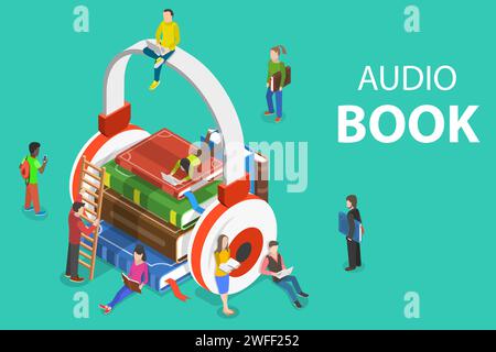 Isometrisches Flachvektorkonzept von Hörbuch, Bildung, Literaturhören. Stock Vektor
