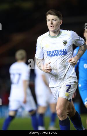 Peterborough, Großbritannien. 30. Januar 2024. James Tilley (AFCW) beim Spiel Peterborough United gegen AFC Wimbledon EFL Trophy im Weston Homes Stadium, Peterborough, Cambridgeshire, am 30. Januar 2024. Quelle: Paul Marriott/Alamy Live News Stockfoto