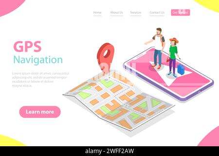 Isometrische flache Vektor-Landing-Page-Geschwindigkeit der mobilen PNs-Navigation, Stadtkarte, Online-Geolocation. Stock Vektor