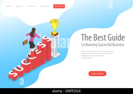 Isometrische flache Landing-Page-Vorlage für Erfolg, Wettbewerb, Siegerplan, Unternehmensführung, Auszeichnung, Karriereziele, erfolgreiches Projekt. Stock Vektor